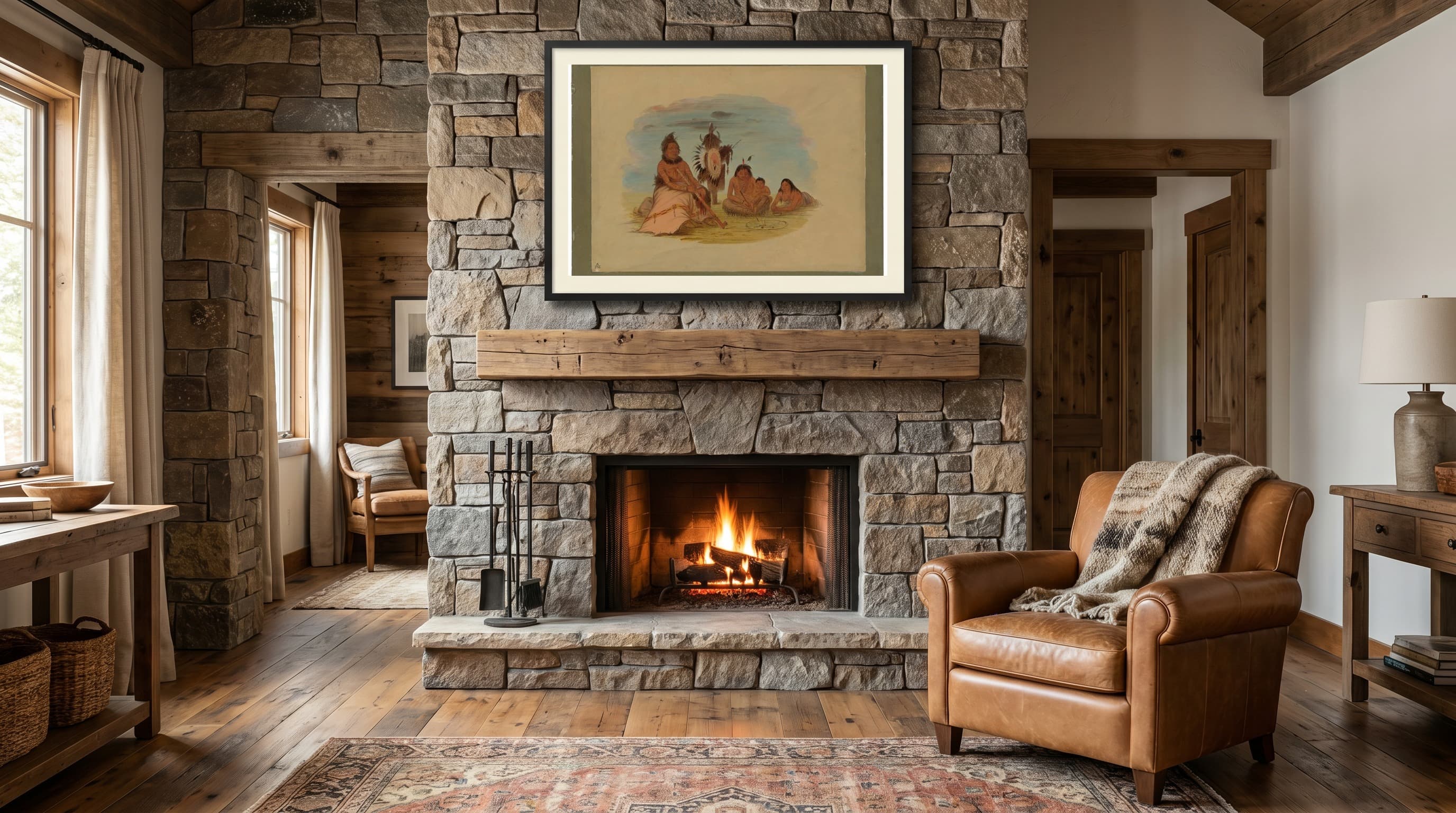 An Aged Minatarree Chief And His Family in Cabin Fireplace