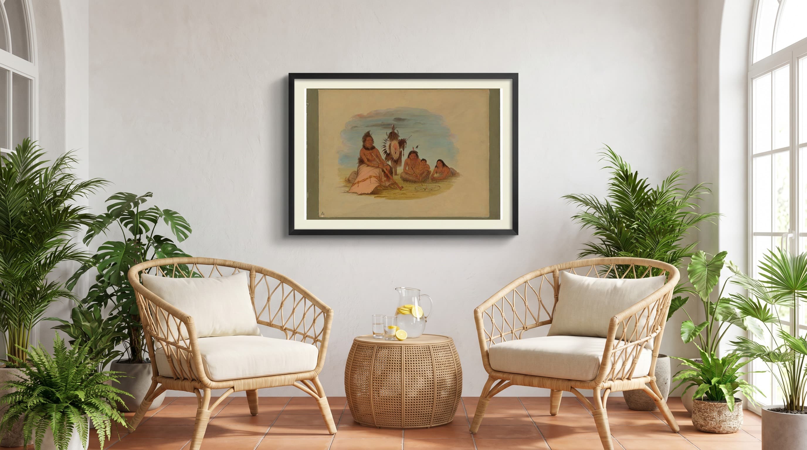An Aged Minatarree Chief And His Family in Sunroom