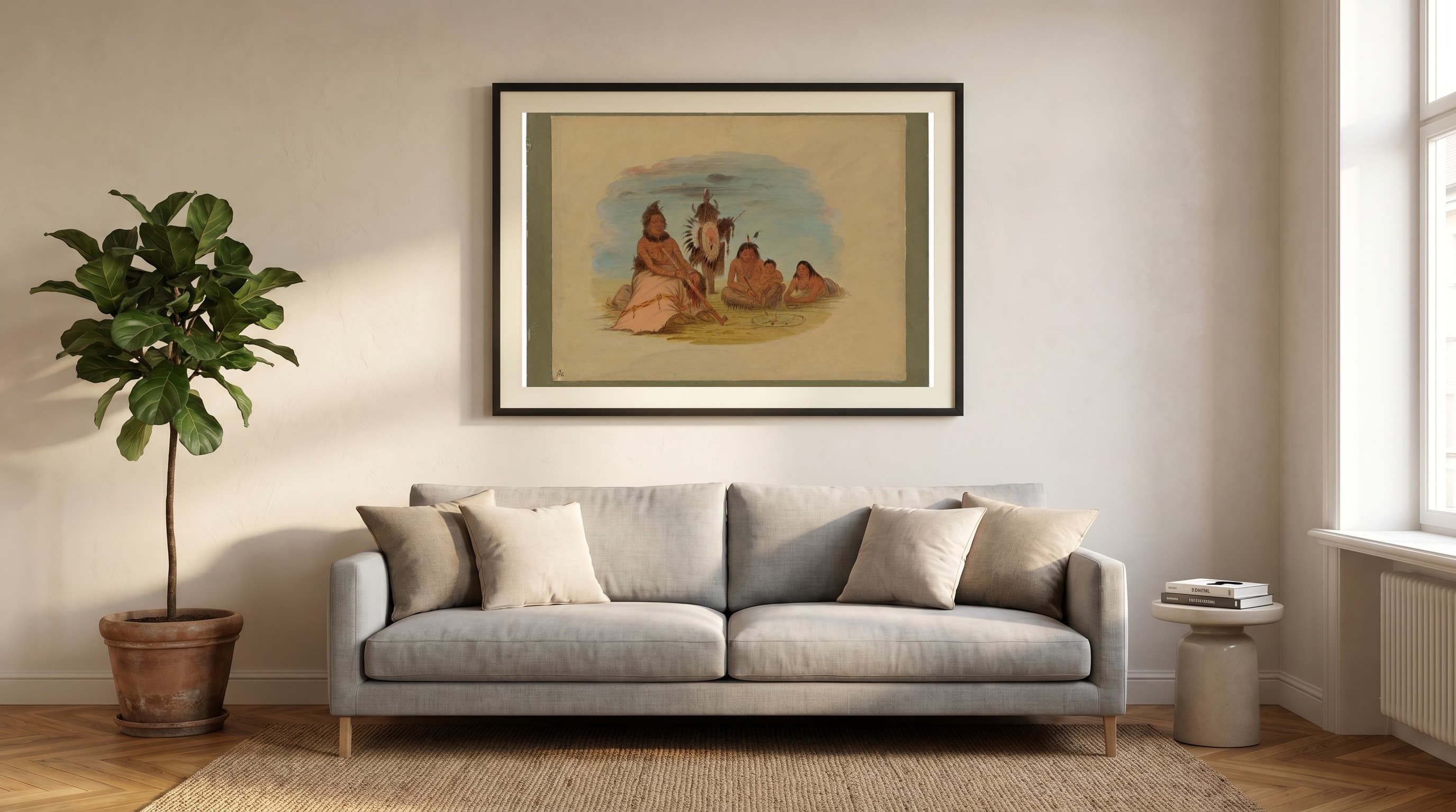 An Aged Minatarree Chief And His Family in Living Room
