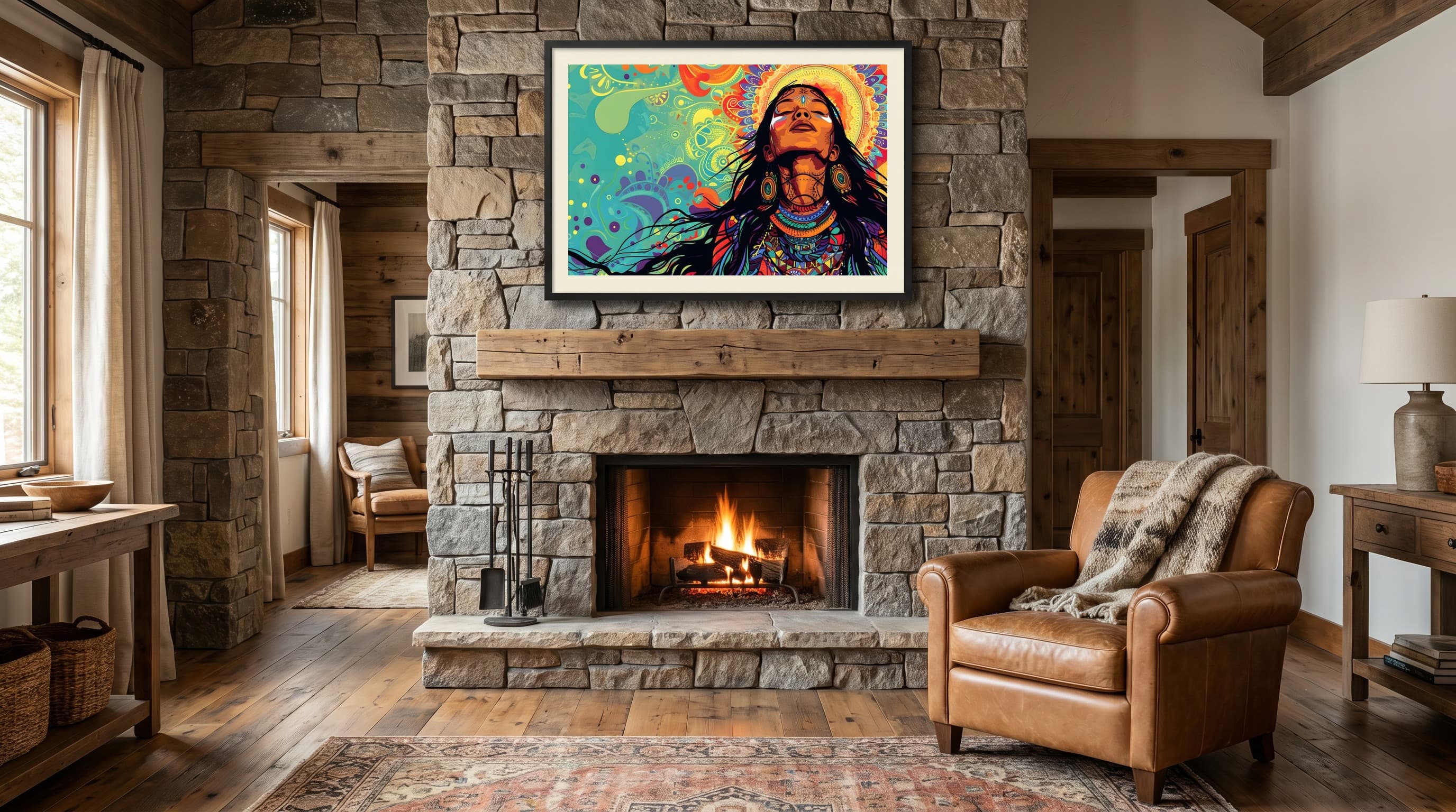 Mandala Goddess in Cabin Fireplace
