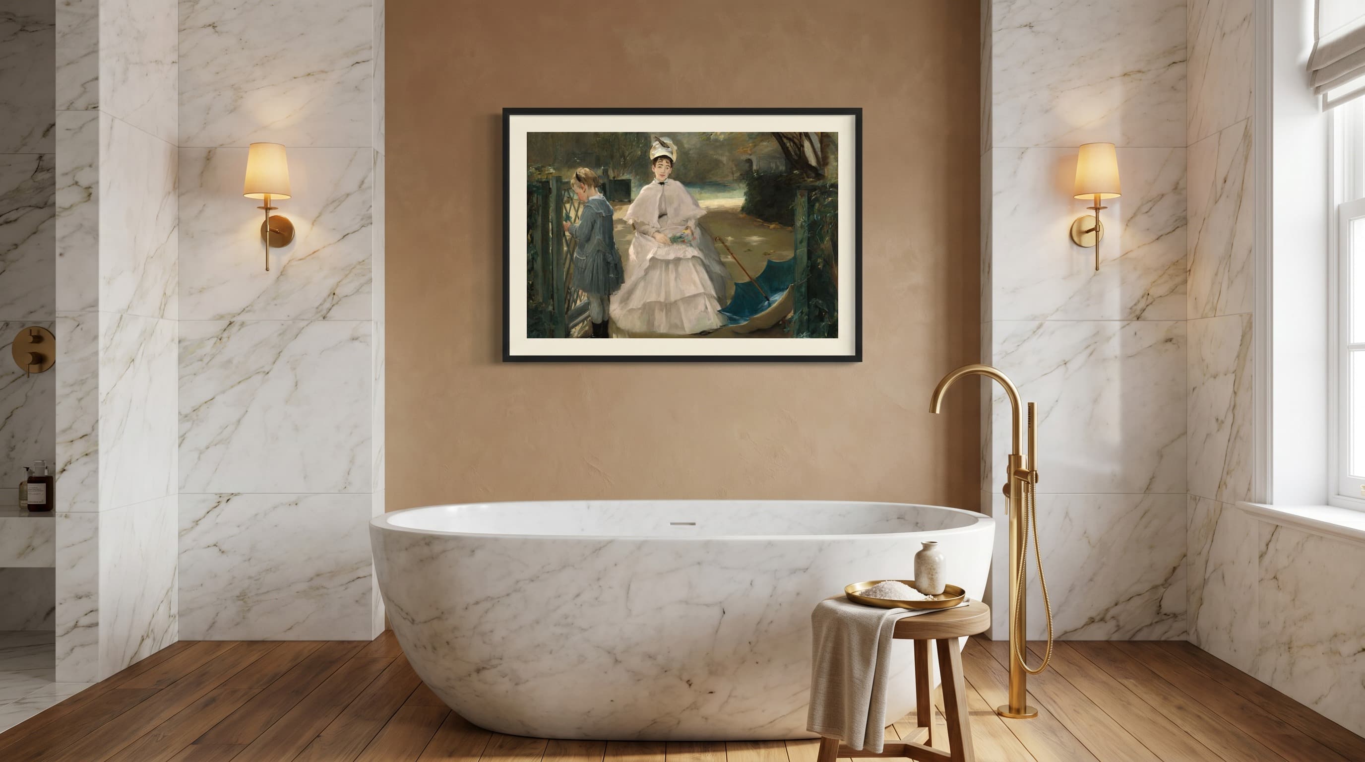 Nanny And Child in Luxe Bathroom